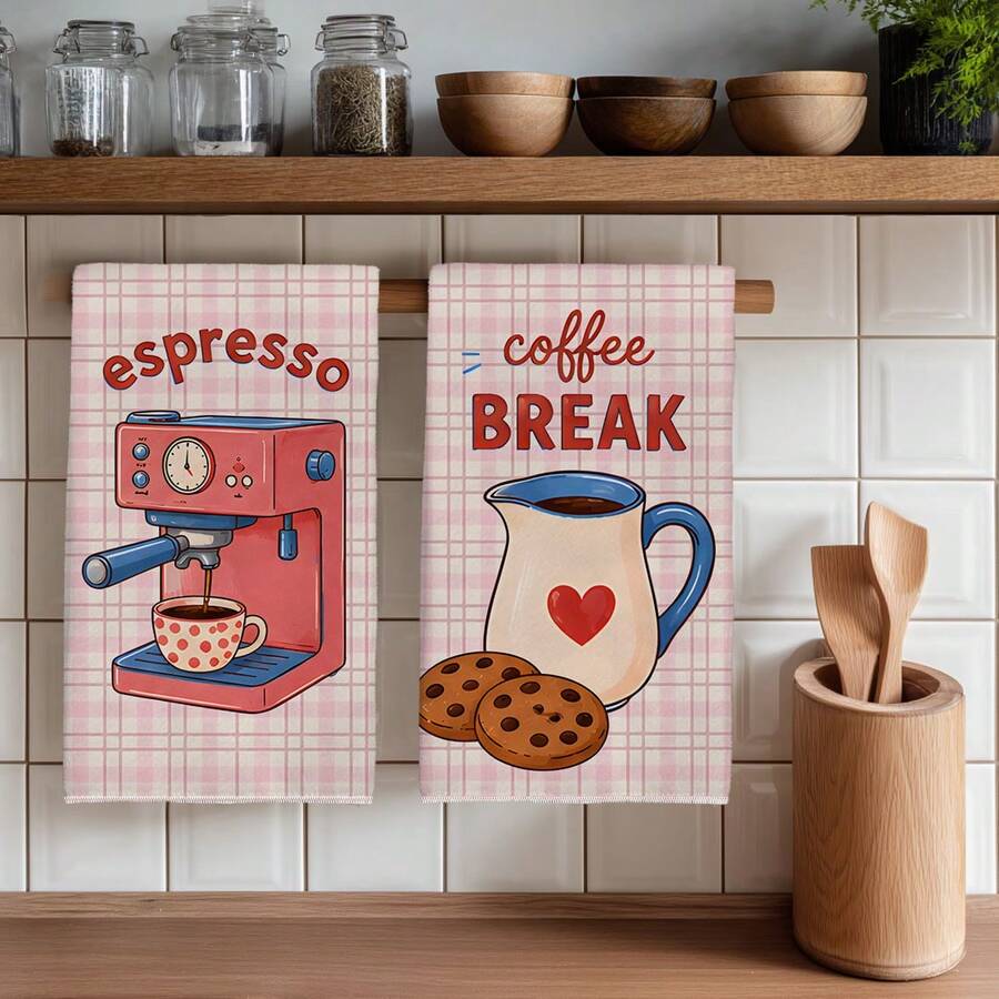2PCS Kitchen Towels Pink Plaid Coffee Healing Theme Pattern Print 40*60cm Rectangular Microfiber Kitchen Towels, Dish Cloths, Tablecloths, Hand Towels, Kitchen Decor, Home Decor, Housewarming Gift For Neighbors, Perfect For Kitchen And Bathroom Use, Suitable For Housewives And Family Gatherings, High Cost-Performance, Home Essential - Watermelon Pink - View 1
