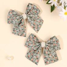 2pcs Green Floral Print Girls Bow Pearl Cluster Decor Alligator Hair Clips, Soft Vintage Daily Hair Accessories For Kids - Multicolor - View 7