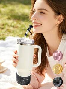 Silicone Cup Sleeve With Sparkling Rhinestone Decoration And Crown Straw Lid, Fits 30oz And 40oz Cups With Handles, Decorated With Rhinestones And Crown, Suitable For Office, Restaurant, Cafe, Car Interior, Kitchen, Bedroom, Vacation, Camping, Essential Travel Accessory For Spring And Summer. Birthday Gift, Wedding Accessory, Back To School Gift, Easter Gift, Mother's Day Gift, Teacher's Day Gift, Women's Birthday Gift Decoration - Multicolor - View 3