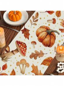 Autumn Farmhouse Style Linen Table Runner - Pumpkin, Mushroom, Leaf And Gold Polka Dot Pattern - Woven Rectangular Thanksgiving Kitchen Dining Room Decor - 1pc, Multiple Sizes Available - Orange - View 2
