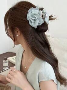 1 buah Jepit Rambut Wanita Model Cakar Bunga Jala yang Manis dan Elegan, Cocok untuk Pemakaian Sehari-hari dan Liburan - Mint Green - View 2