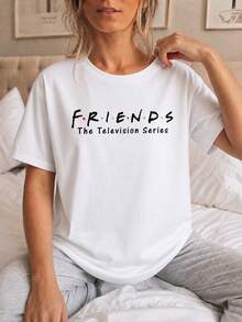 SHEIN X FRIENDS White Double Sided Friends Oversized Tee, Front Classic Logo Back Pivot Sofa Moving Scene Portrait Print Casual Summer - White - View 4