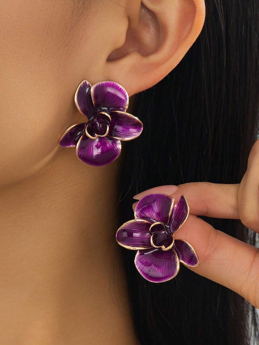 1 Pair Luxury Niche Design Elegant Glamorous Purple Handmade Drip Oil Alternative Niche Flower-Shaped Women's Stud Earrings - Purple - View 1
