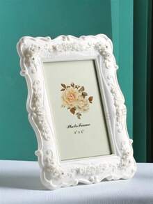 1pc White Embossed Rose Photo Frame, Resin Material Classic Pattern Decorative Frame, Horizontal And Vertical Dual-Use Photo Frame, Suitable For Bedroom, Study, Office Desk, Photo Decoration Frame, Halloween And Christmas Gift (Random Photo Paper Included) - Multicolor - View 10