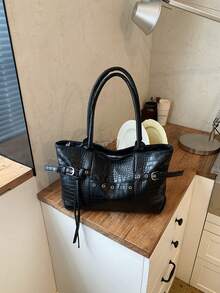 New Personalized Women's Vintage Soft Leather Tote Bag, Minimalist Office Commute Crocodile Pattern Shoulder Bag, PU Material, Zipper Closure - Black - View 5