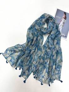 1 pieza Bufanda chal de moda casual con estampado de hojas azules para ir al trabajo - Azul - Ver 1