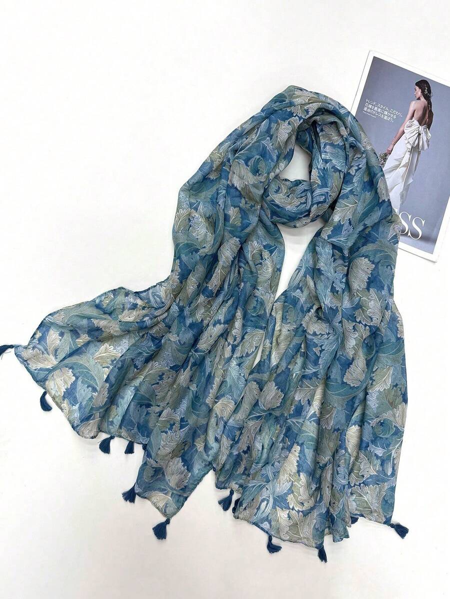 1 pieza Bufanda chal de moda casual con estampado de hojas azules para ir al trabajo - Azul - Ver 1
