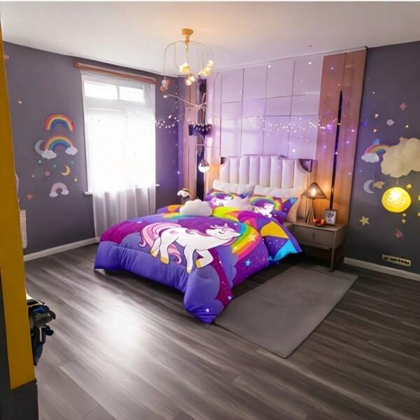 Rainbow Unicorn Reversible Comforter Set – Playful Polka Dot & Dreamy Cloud Design, Soft Hypoallergenic Microfiber Fill, Lightweight Polyester Shell, Includes Matching Pillowcases, Easy-Care Machine Washable, Cozy For Kids & Teens, Versatile Pastel &