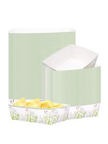 10pcs/20pcs/30pcs/50pcs Green Wildflower Paper Snack Trays 1.7x3.5x5.3 Inch Plant Print Food Boats, Suitable For Chips, Fries, Burgers, Nachos, Popcorn, Macaron Color Floral Tabletop Decor Trays, Bridal Shower, Birthday, Garden Tea Party Supplies - Multi-color Green Edge - View 1