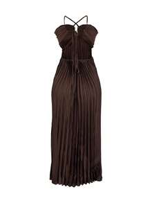 Women's Sleeveless Halter Neck Backless Front Ruched Long Cocktail Dress, Suitable For Wedding Party, Autumn Style - Coffee Brown - View 4