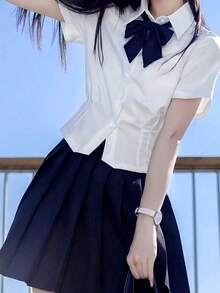 1件女款經典校園JK套裝，短袖白色上衣搭配深藍色領結裙，大學風女式套裝，日系校服角色扮演風格，適合秋季 - 彩色 - 查看 3