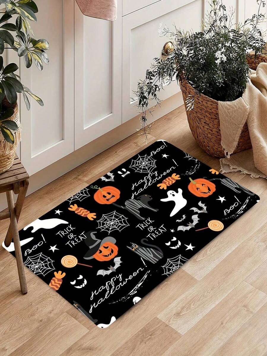 Halloween Kitchen Mat - Scary Pumpkin & Ghost Pattern, Soft Crystal Velvet Material, Machine Washable, Rectangular, Holiday Decor, Halloween Decoration - Multicolor - View 1