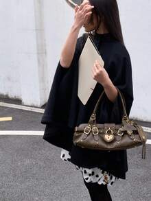Women's Rivet Shoulder Bag Vintage Heart-Shaped Lock Clasp Handbag, Horizontal Tote Shoulder Bag Large Capacity Commuter Handbag With Heart Lock Clasp, Street Style Shoulder Bag Vintage Buckle Handbag - Coffee - View 5