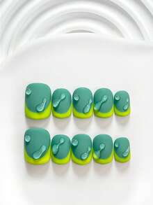 10片裝極簡風手工穿戴甲 Polygel 美甲套組，磨砂質感搭配水滴效果，綠色指甲油，個性風格，附美甲工具，3種尺寸可選：方形、短方形、杏仁形，適合派對、舞蹈、日常配戴 - 彩色 - 查看 2