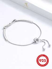 1pc 925 Sterling Silver Women's Silver Bow Full Rhinestone Adjustable Bracelet, Minimalist Luxury Couple Jewelry, Wedding Anniversary Gift Accessory - Silver - View 6