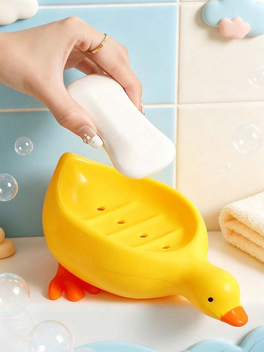 Duck-Shaped Soap Dish, Multi-Functional Cosmetic And Jewelry Storage Tray, White And Yellow Desktop Decor, Bathroom Accessory, Non-Slip Soap Holder, Vanity Storage Tray, Minimalist Home Essential, Bathroom Must-Have - Multicolor - View 1