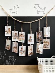 1pc Photo Banner With 12 Wooden Clips, Hanging Wooden Bead Photo Display Rack, Wooden Bead Garland, Suitable For Baby Essentials, Newborn Essentials - Multicolor - View 6