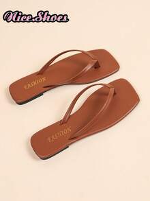 Women's Flat Flip Flop Sandals, Summer Fashion Vacation Style Comfortable Black Round Toe Sandals Suitable For Outings, Gatherings, Home, Travel, Beach - Brown - View 2