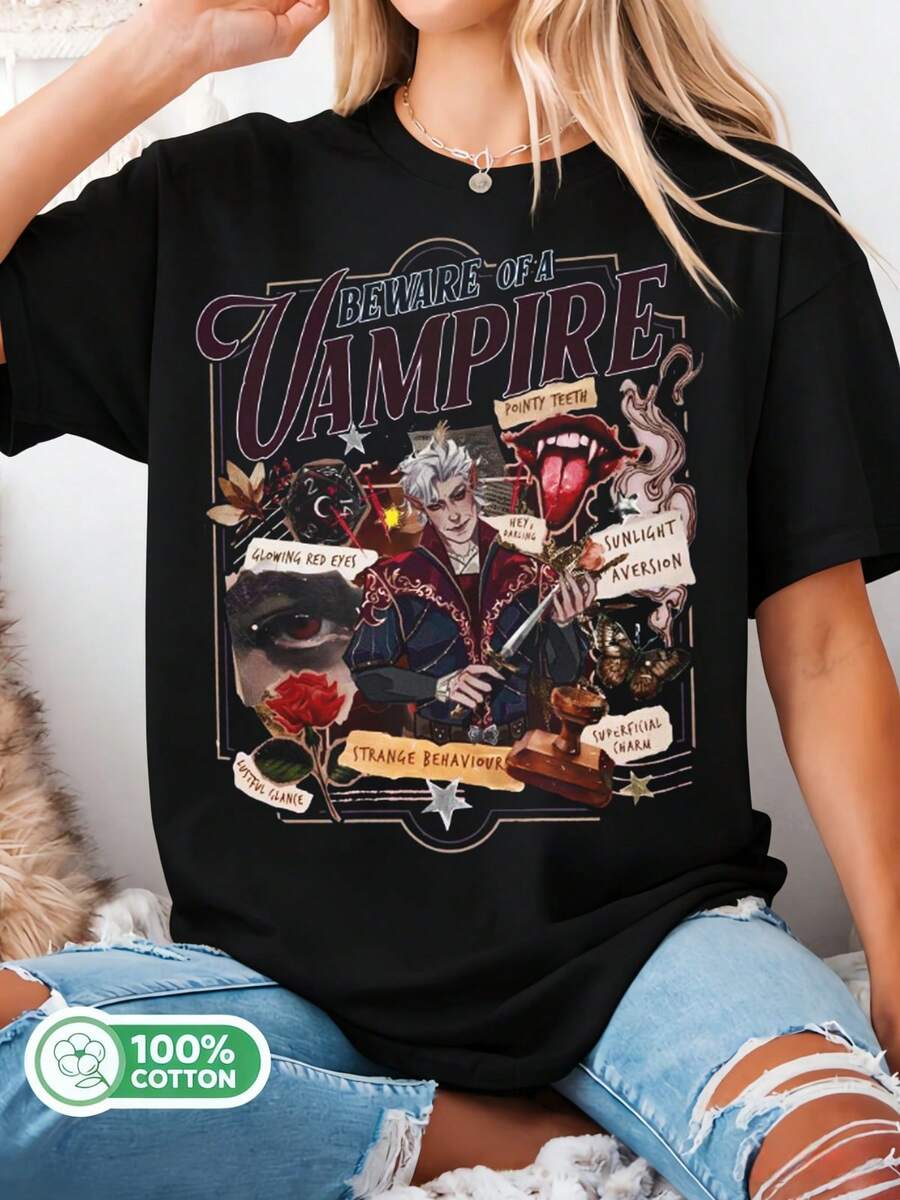 Vorsicht, Vampir – T-Shirt, lustiges T-Shirt für Fans des Spiels Astarion, Kleidung mit dunklem Humor im Astarion-Stil, Spiel der Hochelfen.. - Schwarz - Übersicht 1