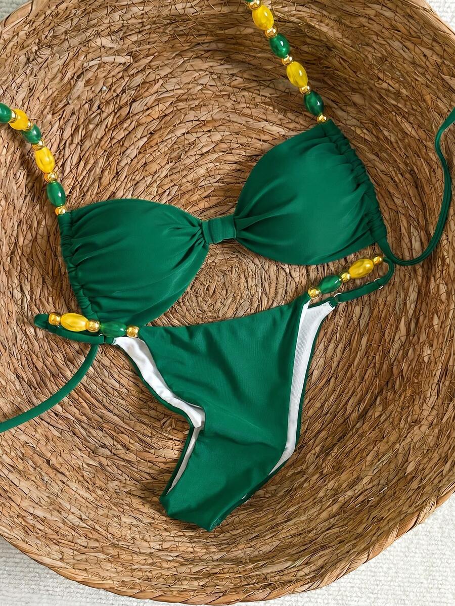Bikinx Women's Back Tie Bikini Set, Bohemian Style Contrast Color Beaded Shoulder Straps, Suitable For Beach Vacation