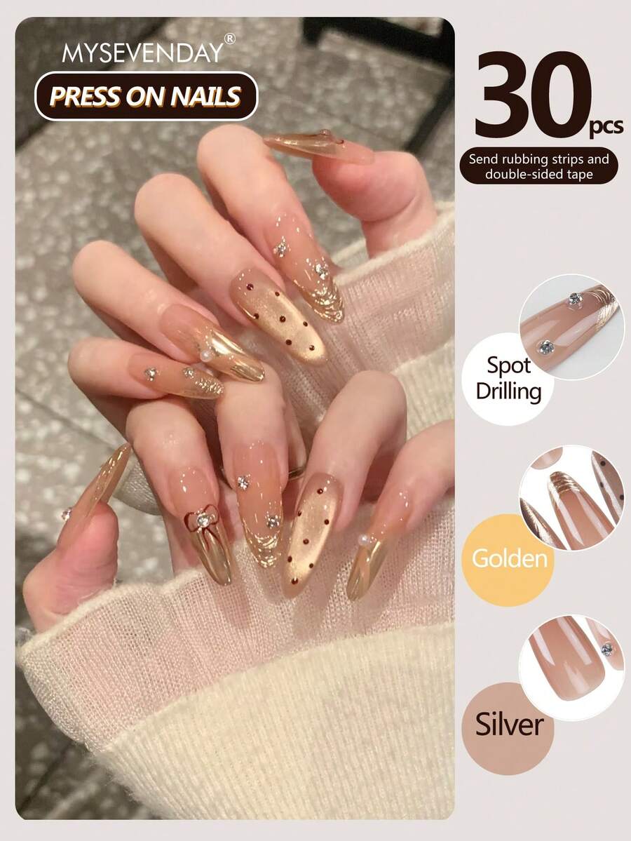 30pieces Press On Nails Long Almond Nude Champagne Gold Mirror Metallic French Wave Ribbon Bow Polka Dot Cat Eye False Nails Fake Nails With Nail Glue Stickers File Suitable For Gatherings, Festivals, And Daily Use - Multicolor - View 1