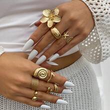 Set Cincin Terbuka Geometris Motif Bunga Kerang Bintang Laut Gaya Laut Vintage 8 Buah, Dapat Ditumpuk, Warna Emas, Berbagai Bentuk Cincin - Emas - View 5