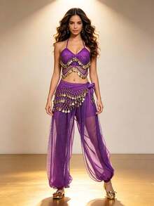 Banquet Dance Party Belly Dance Ornate Coin Sequin Halter Top With Waist Sash, Shimmer Dot Mesh Harem Pants For Themed Event And Stage Performance - Multicolor - View 15