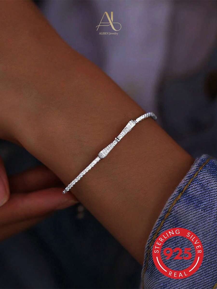 1pc 925 Sterling Silver Women's Silver Bow Full Rhinestone Adjustable Bracelet, Minimalist Luxury Couple Jewelry, Wedding Anniversary Gift Accessory