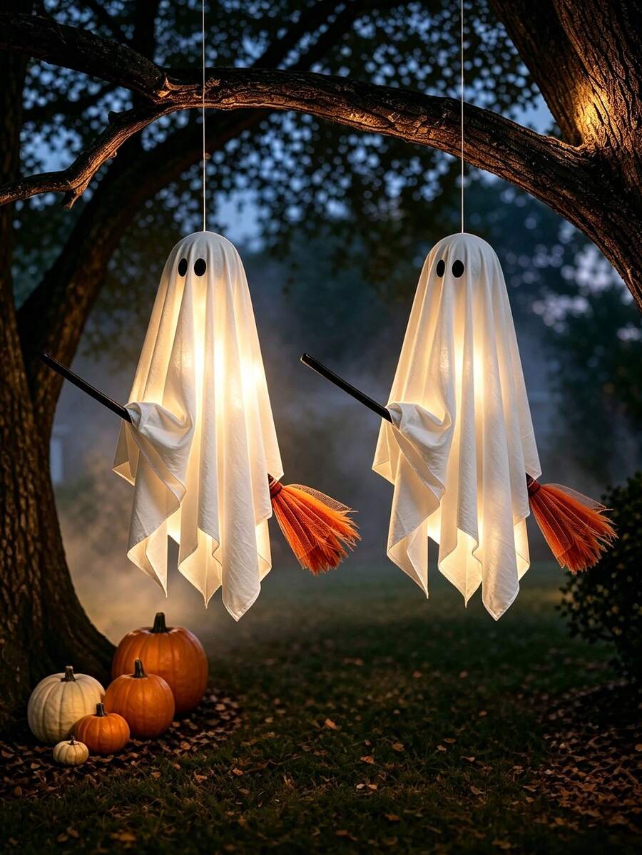 Halloween Decoration Outdoor/Indoor, Ghost Hanging On Broom, Suitable For Trees, Porch, Yard, Patio, Indoor, Garden, Farmhouse (String Lights Not Included) - Ghost - View 1