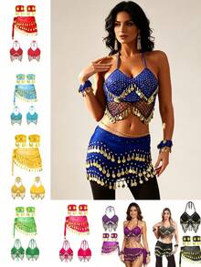 3-Piece Belly Dance Accessories Set, Suitable For Festivals, Parties, Carnivals, Unique Gift For Summer Vacation, Includes Coin Fringe Waist Chain And Other Dance Costume Accessories, Halloween, Christmas, Coachella Fashion, Music Festival - Multicolor - View 3