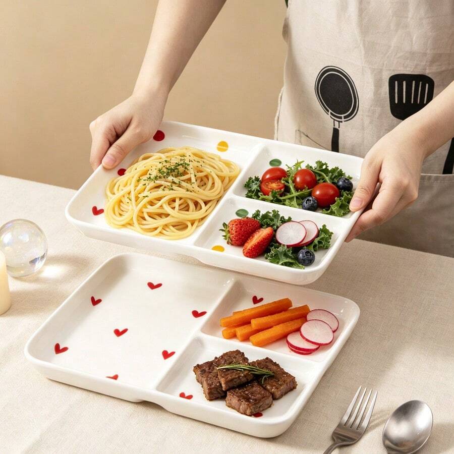 1pc 10in Cute Heart/Dots Pattern Ceramic Divided Plate, Large Rectangle 3 Compartment Portion Control Plates For Encourage Healthy Eating, Bariatric Dinner Plates For Balanced Meal Diet, Microwave Dishwasher Oven - Multicolor - View 1