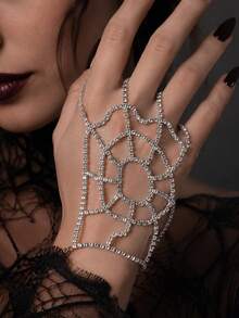 1 pieza Cadena de mano con telaraña de strass completa, anillo de mano conectado con telaraña de strass hueca, accesorio de mano estilo gótico punk de terror de Halloween para fiesta y cosplay de mujer - diamantes de imitación - View 1