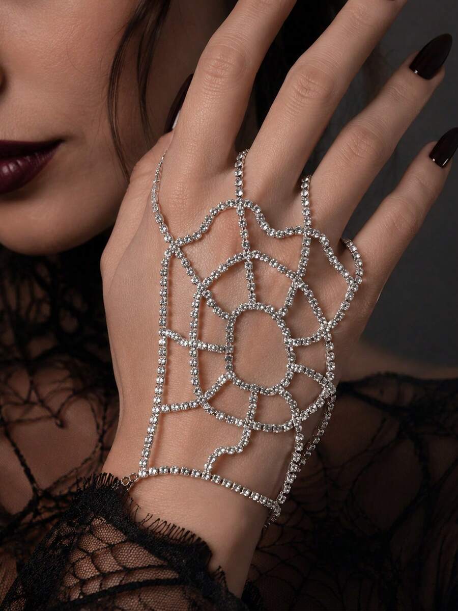 1 pieza Cadena de mano con telaraña de strass completa, anillo de mano conectado con telaraña de strass hueca, accesorio de mano estilo gótico punk de terror de Halloween para fiesta y cosplay de mujer - diamantes de imitación - View 1
