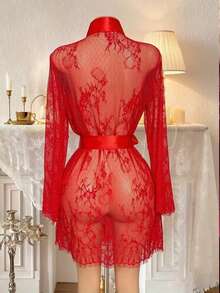 Spring/Summer Lace Trim Comfortable Soft Robe With Waist Tie For Women, All-Season Party Pajamas - Red - View 3