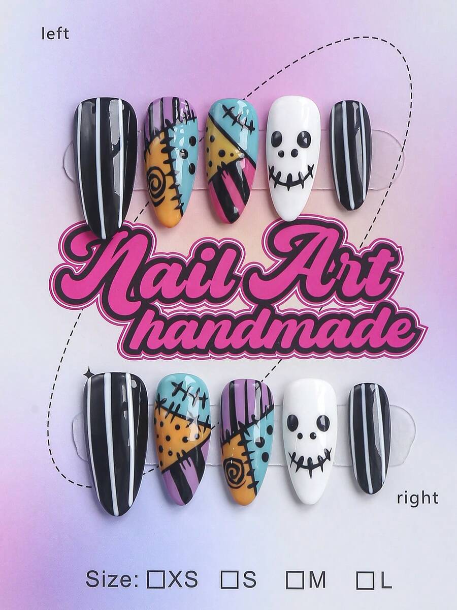 10pcs Halloween Handmade Almond-Shaped Fake Nails, Y2K Style Press-On Nails, Punk Cartoon Style, Patchwork Stitching, Skull Ghost Face, Contrast Color Polka Dot Spiral Design, Vintage Halloween Decorative Nails, Suitable For Halloween Party, Streetwear, Cosplay, Suitable For Women And Girls, Party, Dance, Daily Wear, Includes Tool Set - Multicolor - View 1