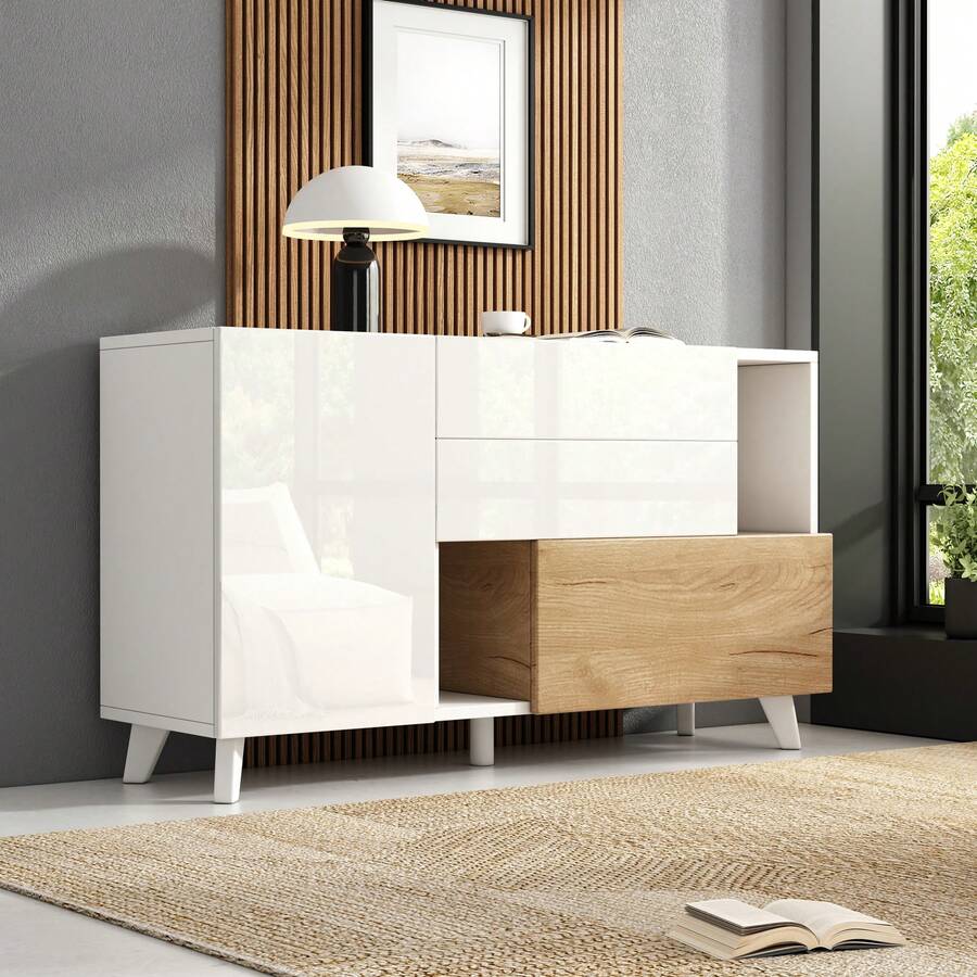 White & Light Oak Sideboard - Storage Space For Living Room - White and Oak - View 1