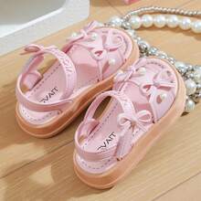 Lugualt Girls' Fashion Sunny Sandals, Korean Style Bow Knot Hook & Loop, Lightweight Non-Slip Soft Sole Princess Slides For Daily Wear And Outings - Baby Pink - View 4