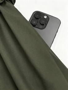 Gaun Panjang Chiffon Hijau Zaitun Polos yang Elegan, Leher Bulat, Lengan Pendek Bergelombang, Pinggang Elastis, Hem Berumbai, Gaun Wanita yang Mengalir - Olive Green - View 9