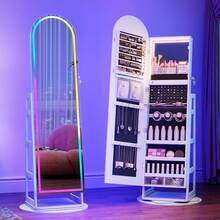 HWB RGB Jewelry Cabinet With Full Length Mirror, 360° Rotating Lockable | 12-Zone Velvet Floor Standing Jewelry Organizer | 108 Earring Slots, 24 Necklace Hooks, RGB+LED, Remote Control, Ideal Gift - White - View 2