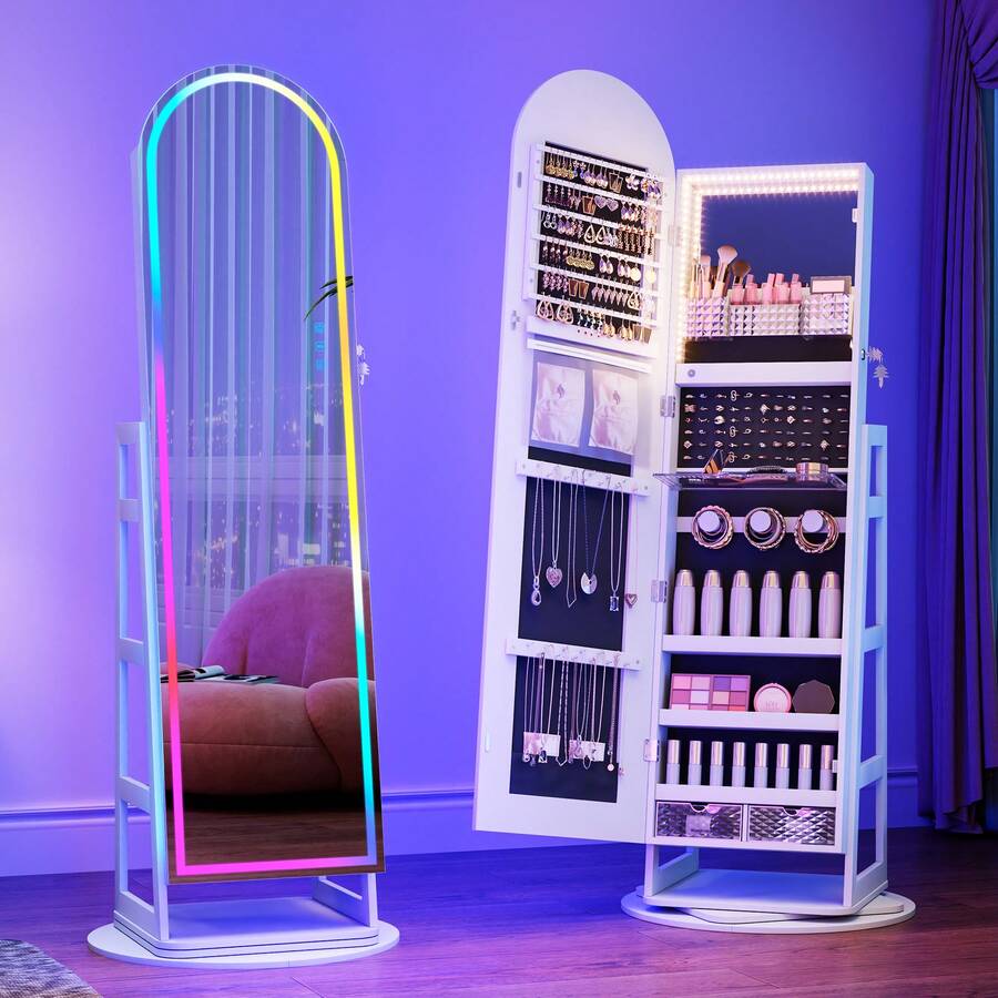 HWB RGB Jewelry Cabinet With Full Length Mirror, 360° Rotating Lockable | 12-Zone Velvet Floor Standing Jewelry Organizer | 108 Earring Slots, 24 Necklace Hooks, RGB+LED, Remote Control, Ideal Gift