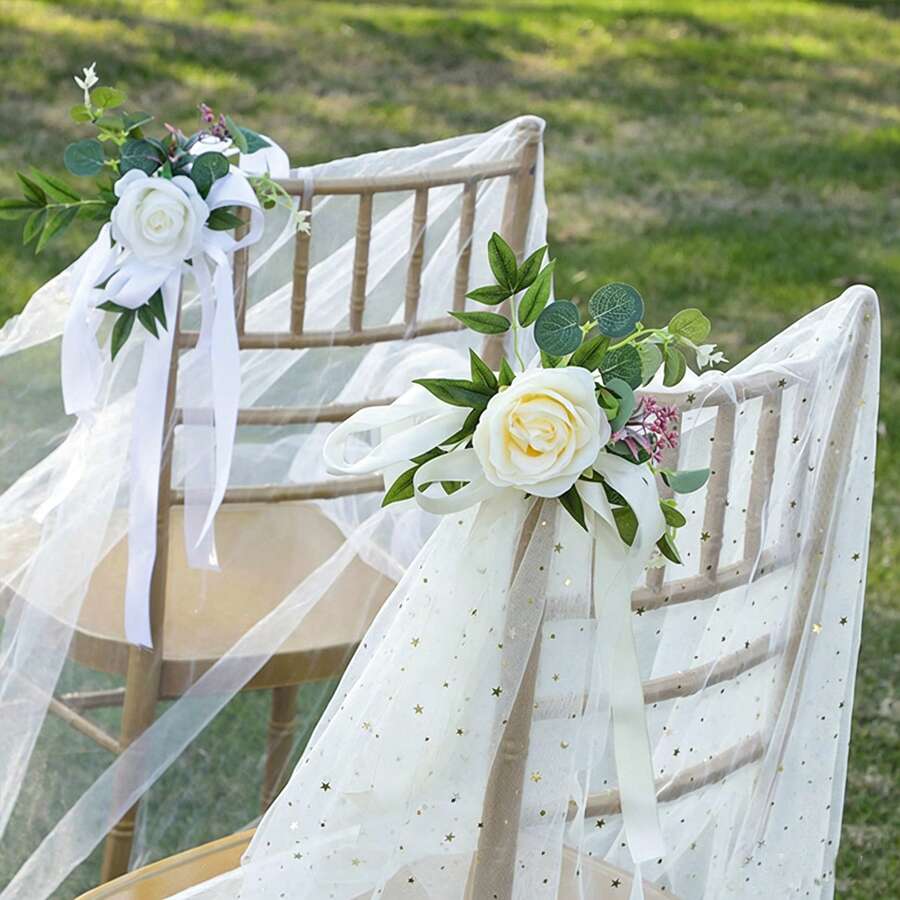 4/8pcs Artificial Chair Back Flowers, Suitable For Wedding Venue Decoration, Artificial Flower Bouquet, Outdoor Banquet Decoration