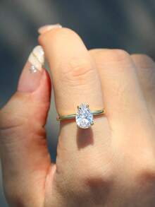 1pc 2ct Moissanite Solitaire Ring, S925 Sterling Silver Gold Plated Teardrop Cut 4-Prong Promise Wedding Ring, Exquisite Bridal Women High-End Jewelry Gift - Style a - Gold - View 5