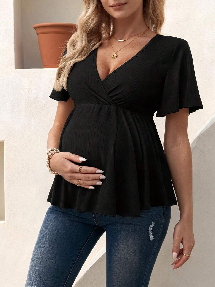 Maternity Black Ribbed Knit Cross V-Neck Flutter Sleeve Cinched Waist Ruffle Hem Top, Casual Versatile Cap Sleeve Blouse For Daily Wear And Outings - Black - View 1