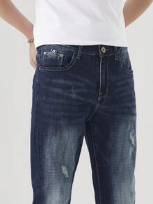 Men's Casual Vintage Frayed Slim Fit Jeans, Stretch Slim Leg Washed Distressed Denim Pants - Blue - View 5