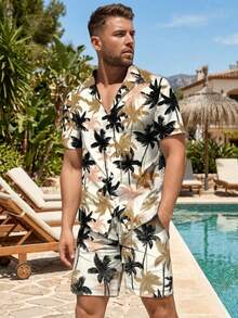 Men's Digital Print Shirt And Shorts Set, Summer - Multicolor - View 1