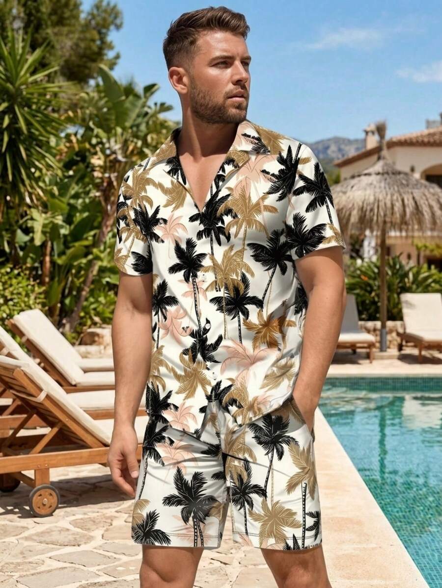 Men's Digital Print Shirt And Shorts Set, Summer - Multicolor - View 1