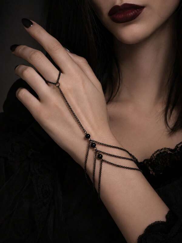1 pieza Pulsera de dedo con cadena multicapa de cuentas redondas de cristal artificial negro, elegante y personalizada, para mujer, adecuada para uso diario, vacaciones, fiestas, accesorio de Halloween/Día de Muertos, joyería para todas las estaciones