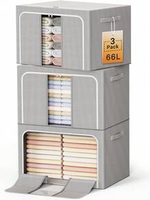 Foldable Clothes Storage Bins With Metal Frame, Large Capacity Clear Window Closet Storage Organizer Containers With Front Opening, For Clothes, Bedding, Blankets, Pillows, Towels - Multicolor - View 11