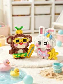 1500pcs Mini Micro Building Blocks Summer Beach Animal Series DIY Assembly Figurine Cute Cartoon Elephant Monkey Fox Rabbit Kitten Desktop Home Decor Holiday Stress Relief Handmade Ornament Gift For Teens And Adults - Multicolor - View 3
