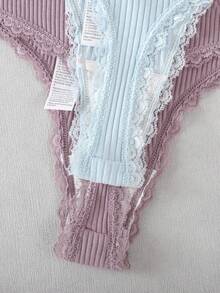 Cheekology 5pcs/Set Women's Sexy Lace Trim Patchwork Comfortable Ribbed Bow Chain Decor Thong Panties - Multicolor - View 4